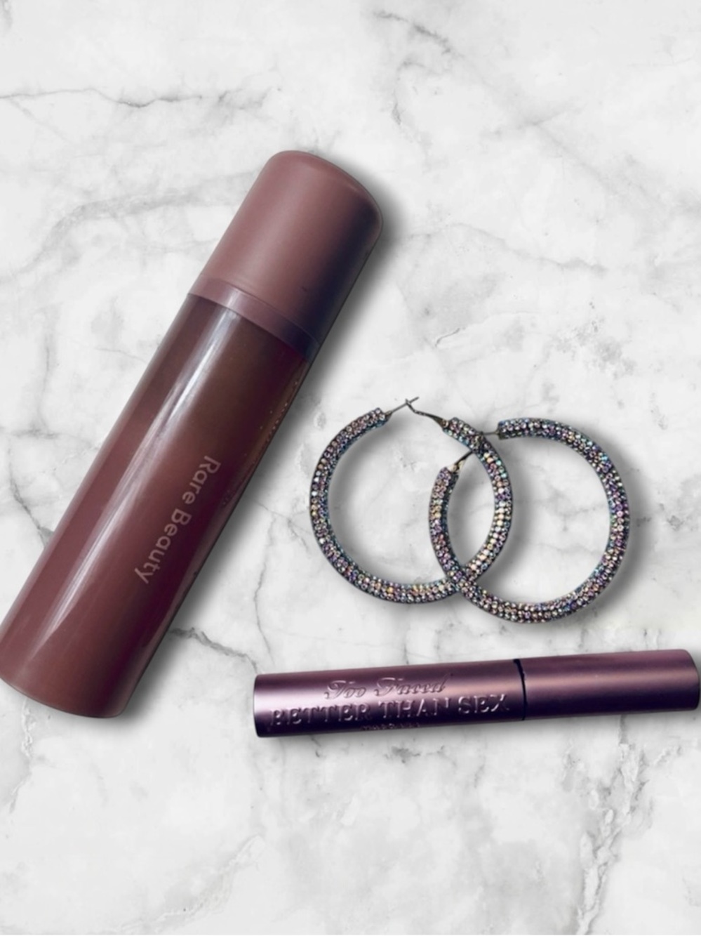 5 for $25 Rare Beauty, Too Faced mascara, bling hoop earrings beauty bundle